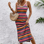 Women's Boho Geometric Striped Knit High-Split Cami Maxi Dress