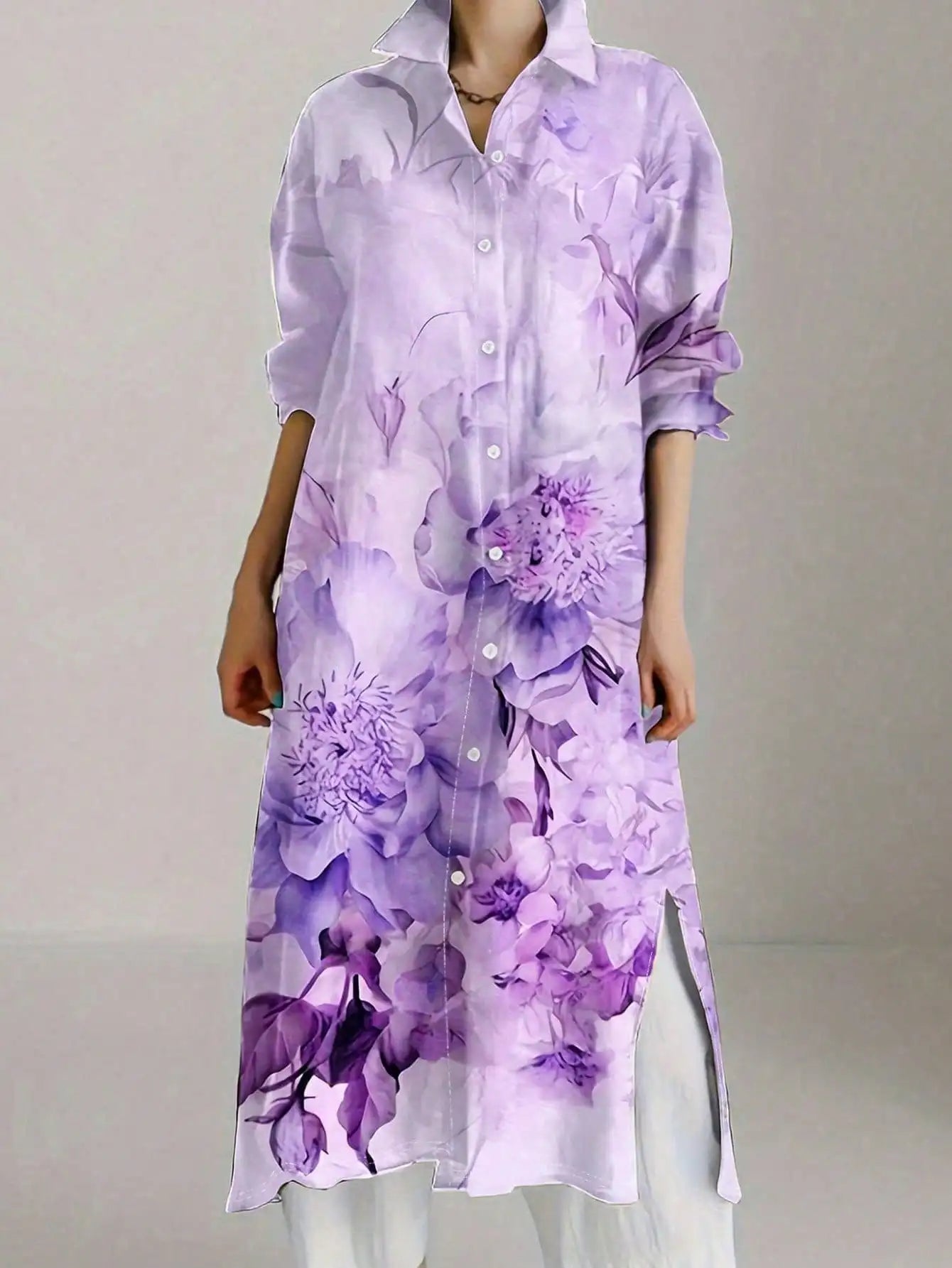 Women's Vintage-Chic Floral Print Long Sleeve Shirt Dress