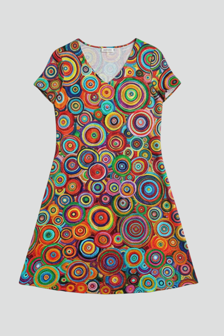 Women's Knee-Length Dress with V Neck and Short Sleeves