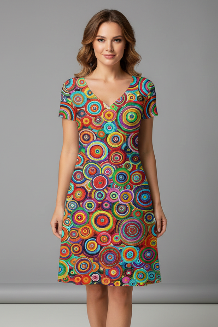 Women's Knee-Length Dress with V Neck and Short Sleeves