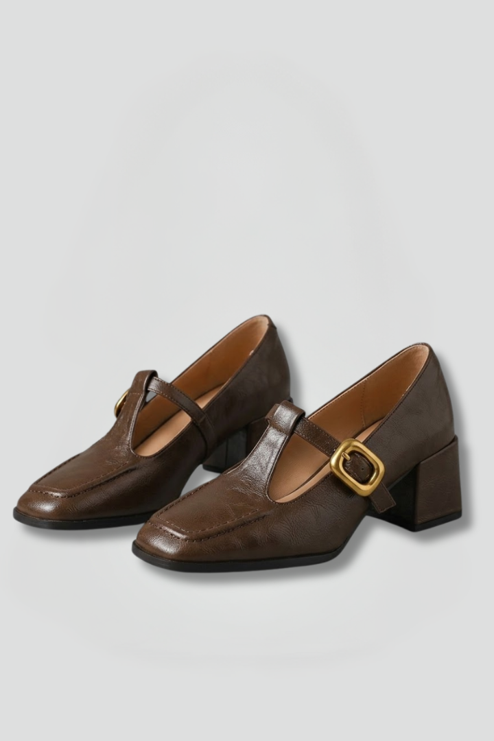 Women's Polished Gold Buckle Mary Jane Heels