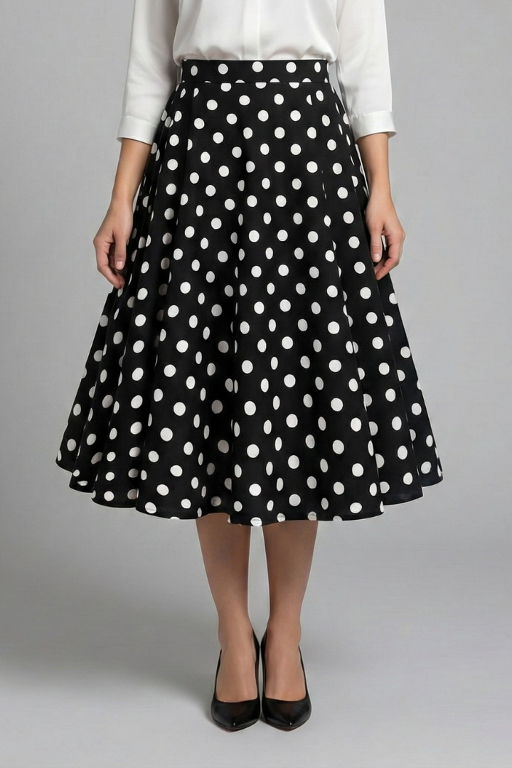 Women’s Midi Skirt with High Waist and Polka Dot Print