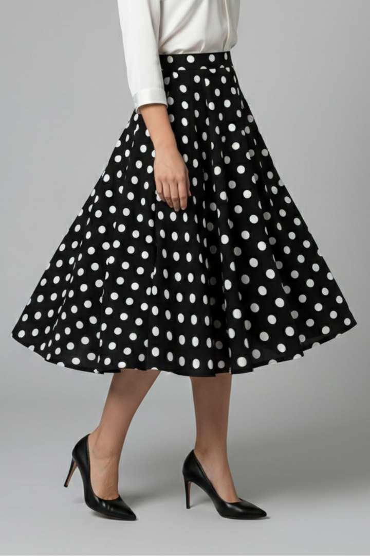 Women’s Midi Skirt with High Waist and Polka Dot Print