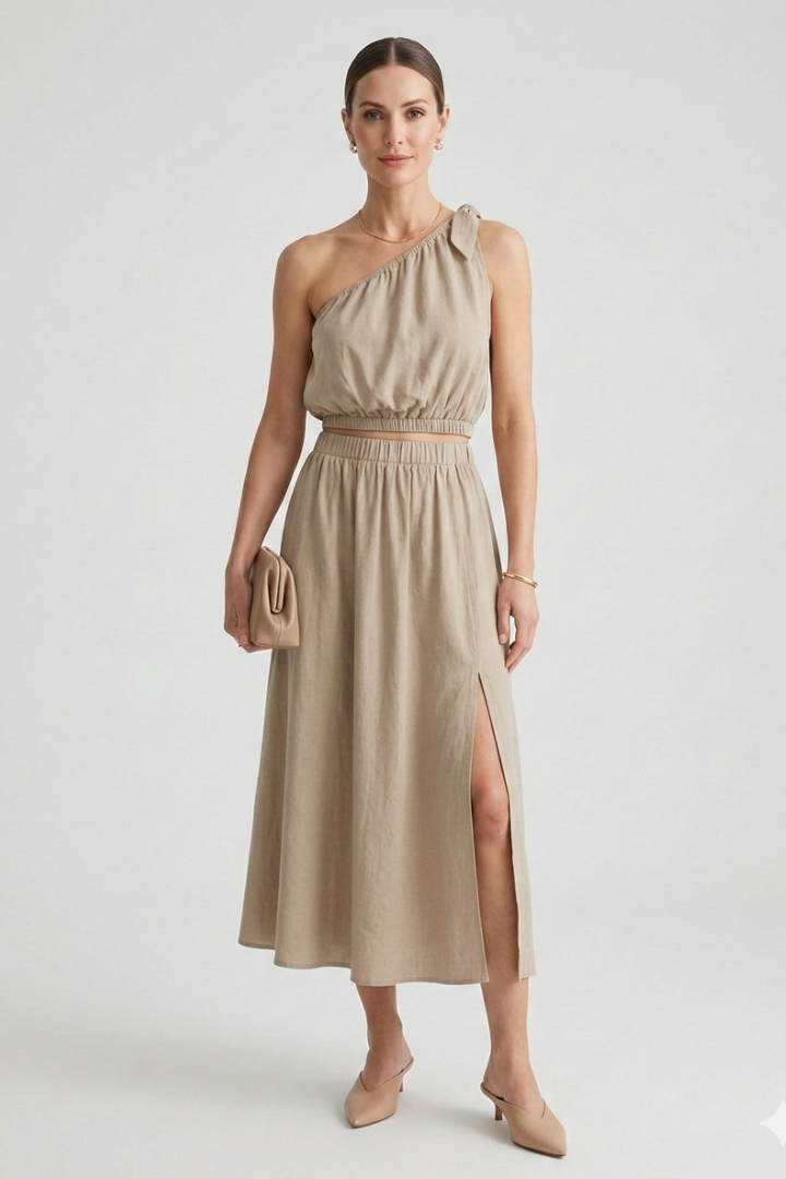 Women’s Top and Midi Skirt with One Shoulder and Elastic Waist