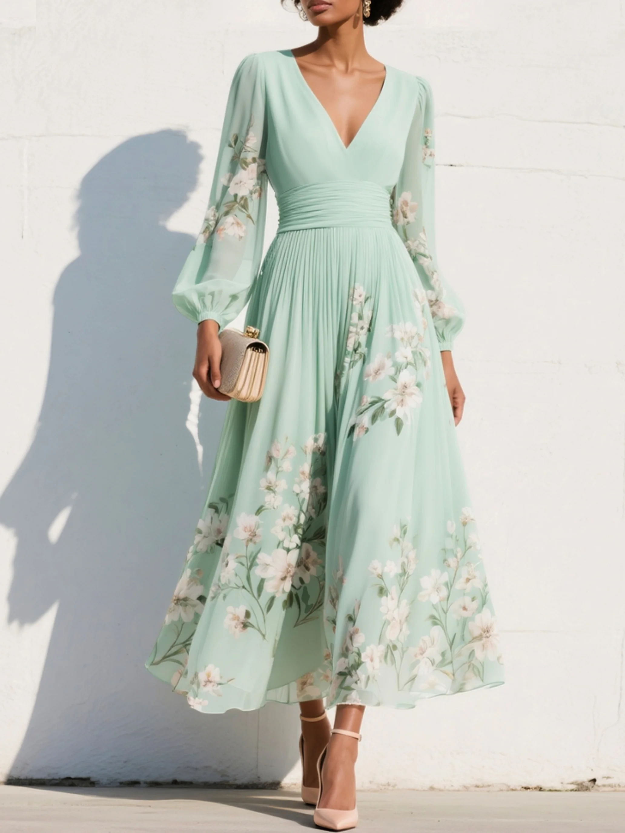Women's Floral V-Neck Midi Dress