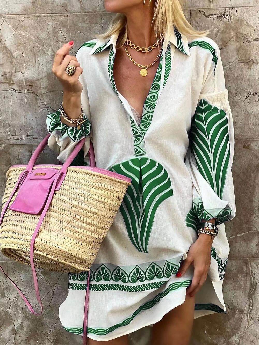 Women's V-Neck Printed Long Sleeve Mini Dress