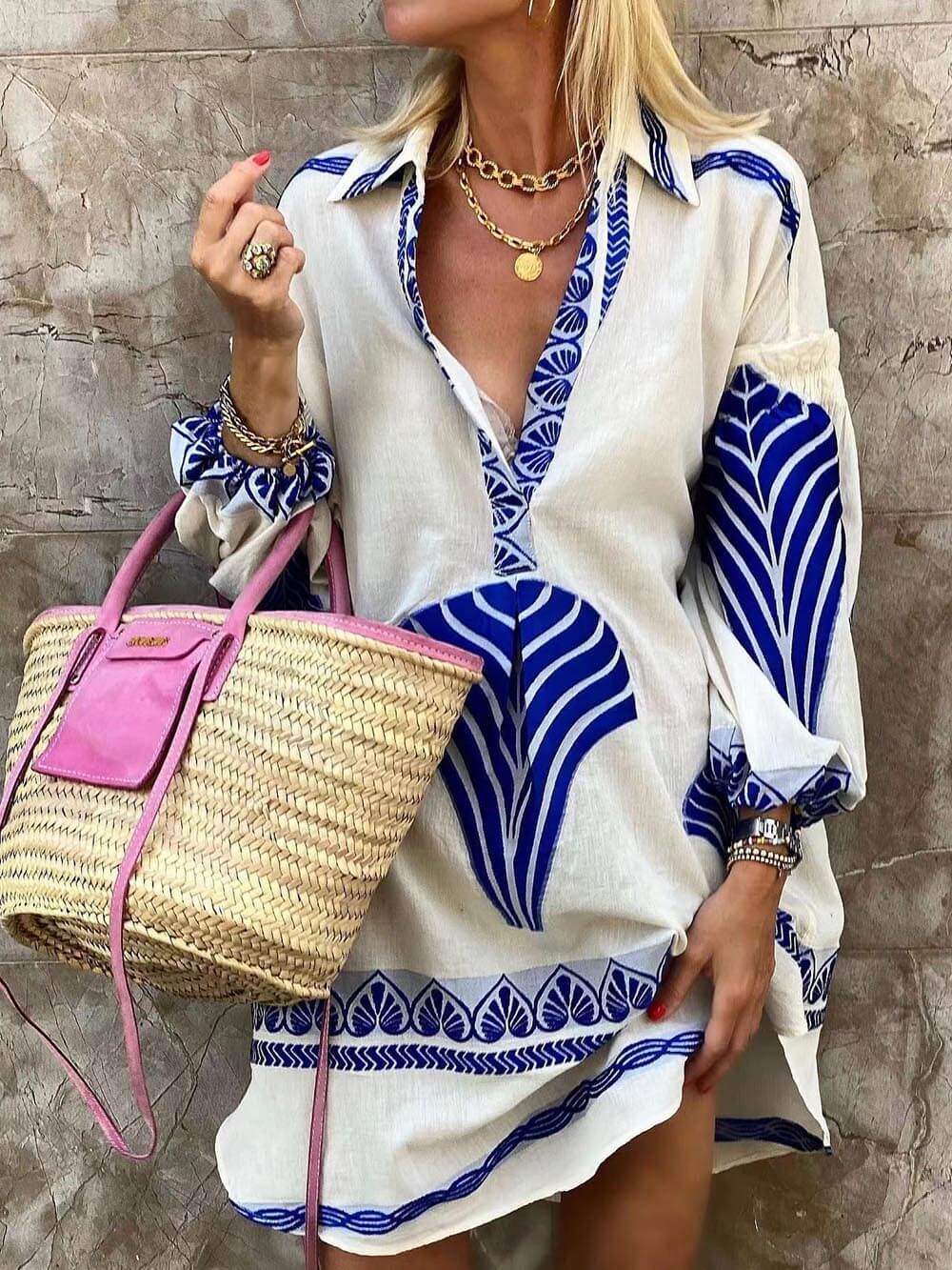 Women's V-Neck Printed Long Sleeve Mini Dress