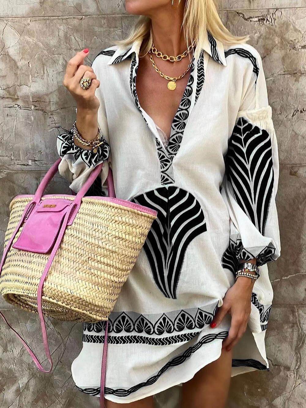Women's V-Neck Printed Long Sleeve Mini Dress