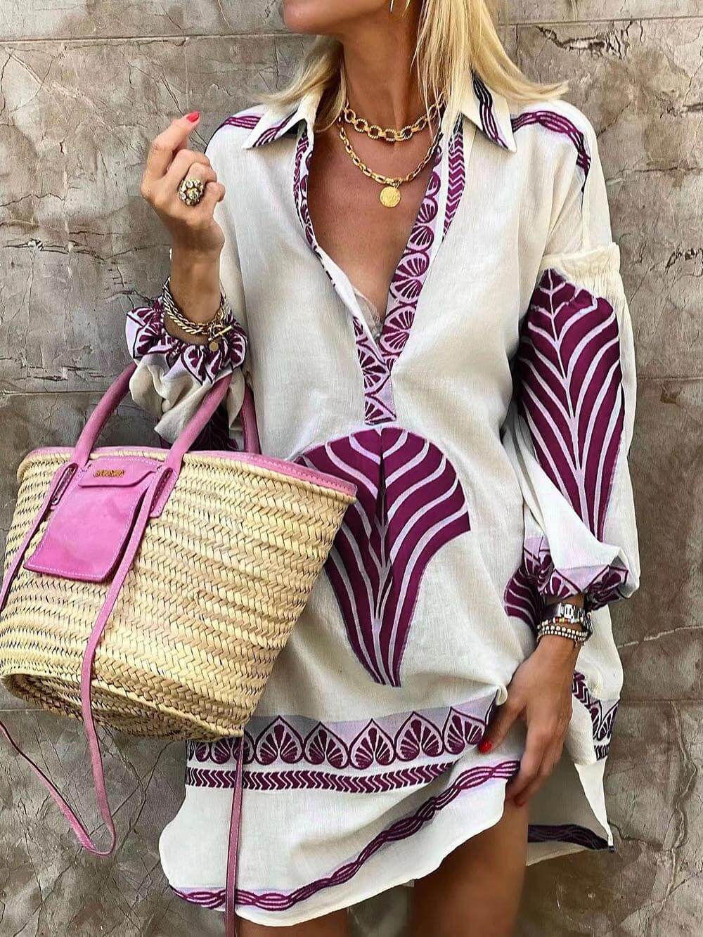 Women's V-Neck Printed Long Sleeve Mini Dress