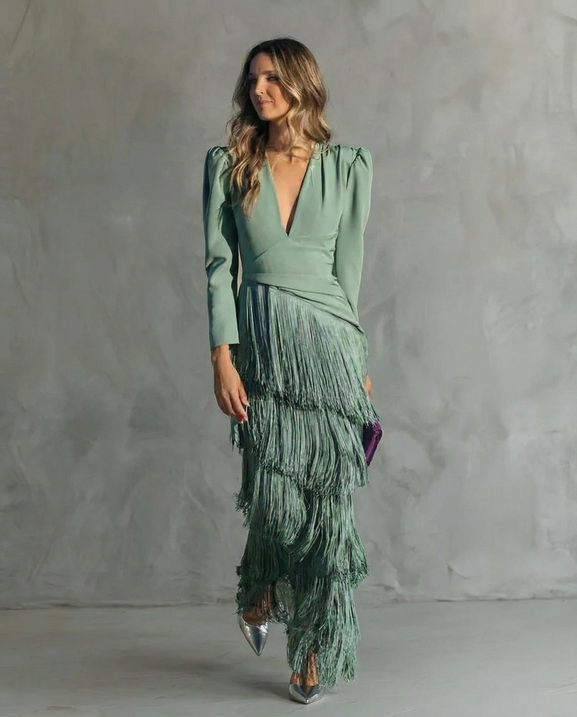 Women's V-Neck Fringe Maxi Dress