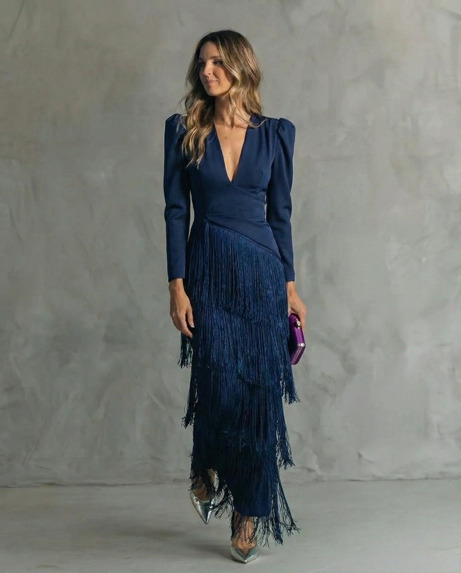 Women's V-Neck Fringe Maxi Dress