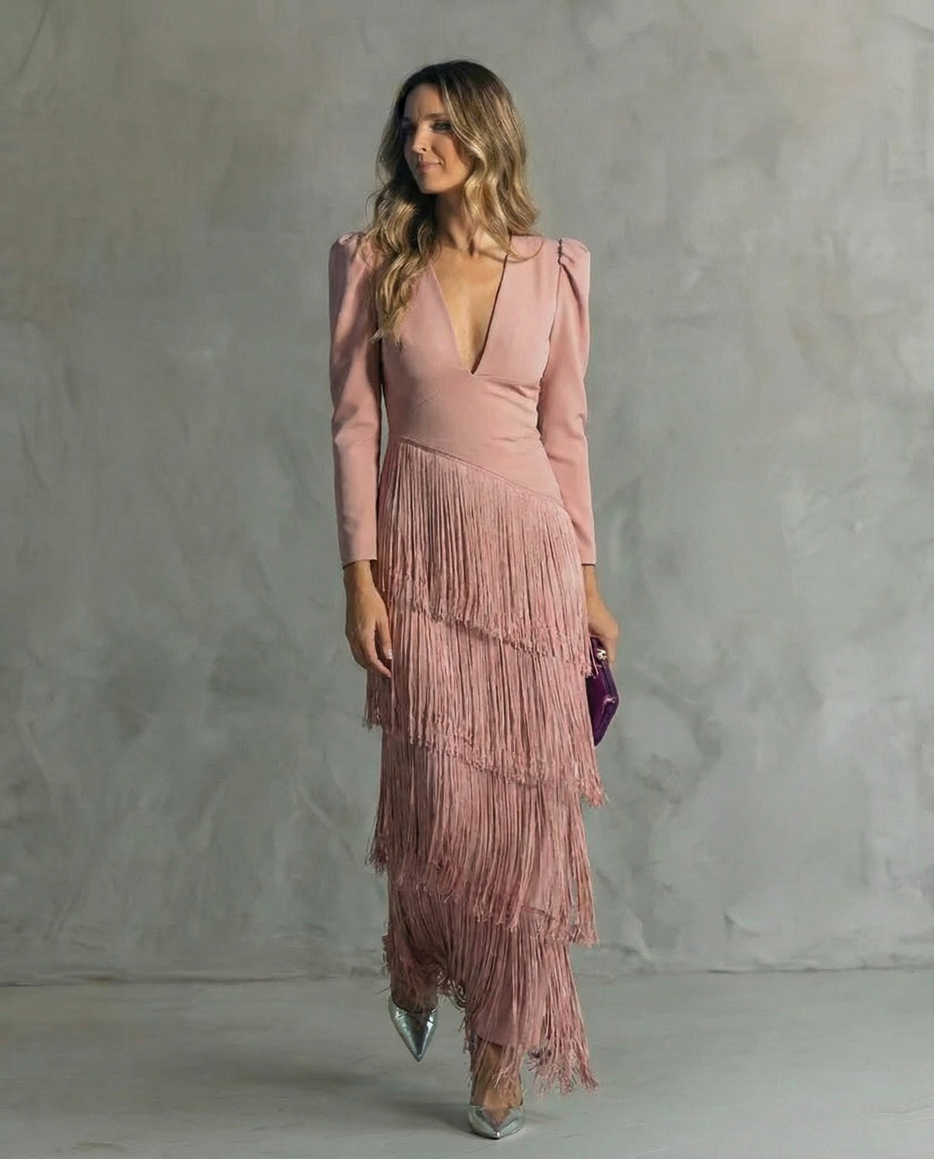 Women's V-Neck Fringe Maxi Dress