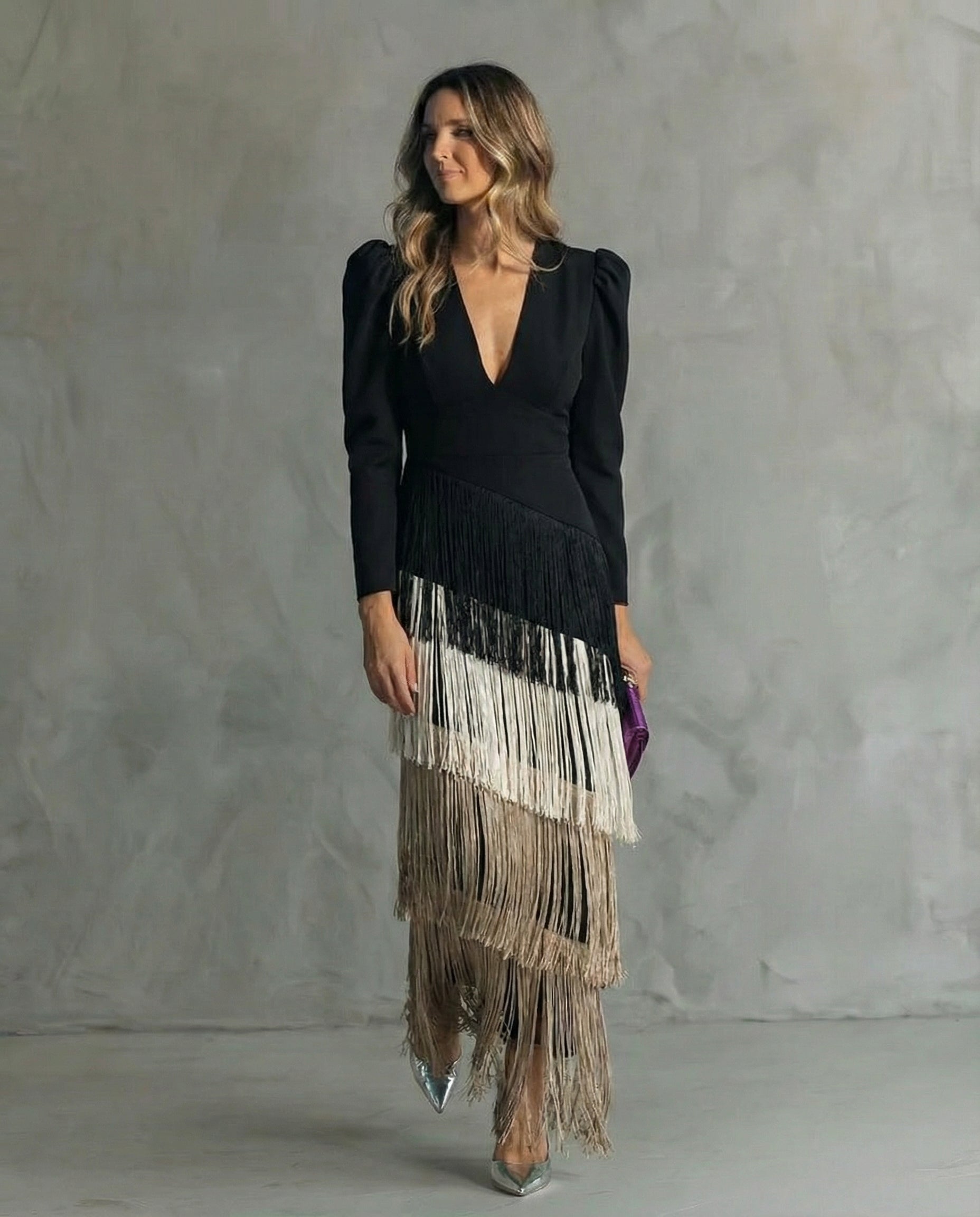 Women's V-Neck Fringe Maxi Dress