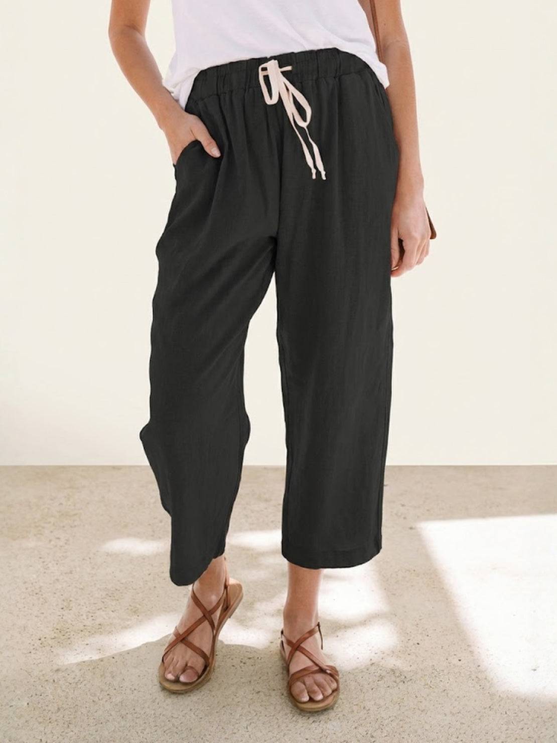 Women's Relaxed Drawstring Waist Wide Leg Casual Pants