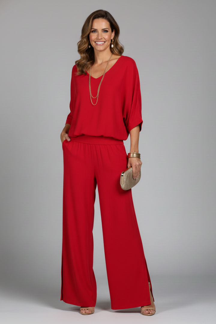 Women's V-Neck Wide Leg Set