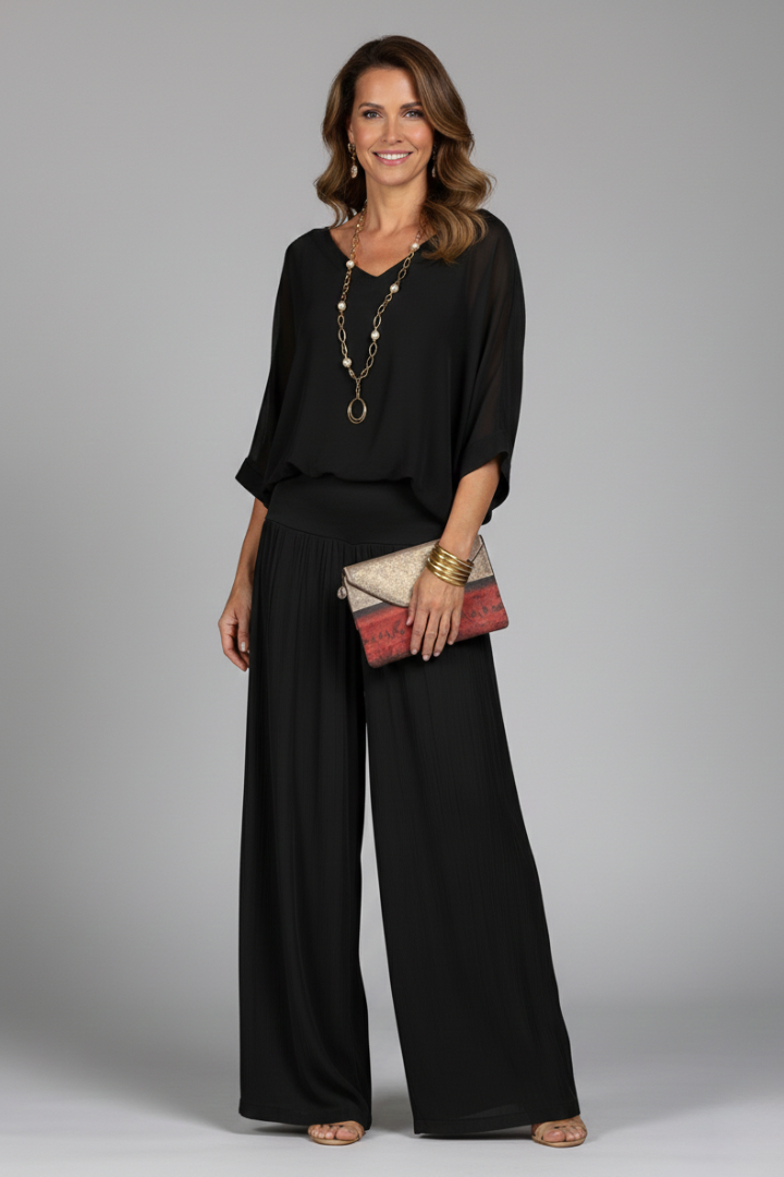 Women's V-Neck Wide Leg Set