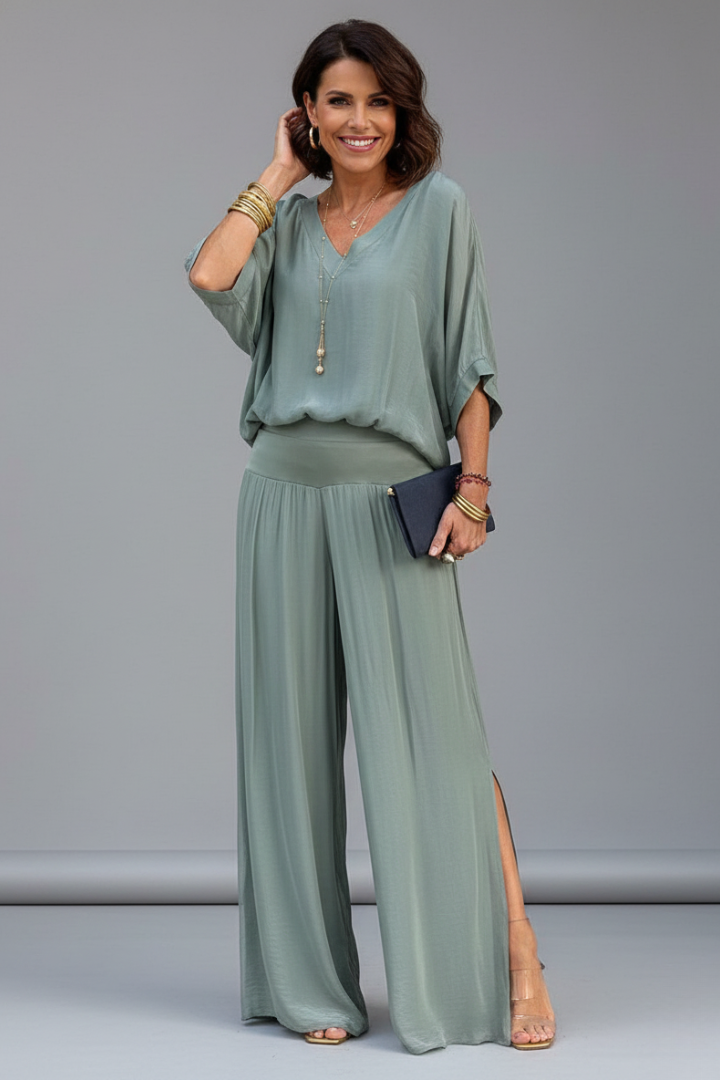 Women's V-Neck Wide Leg Set