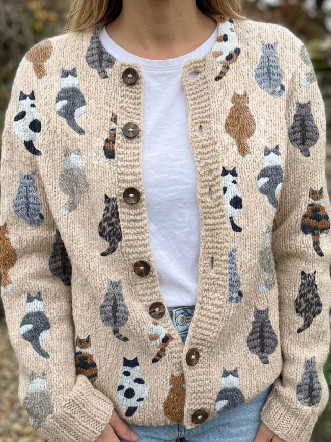 Solvara | Women's Cat Print Button-Front Cardigan