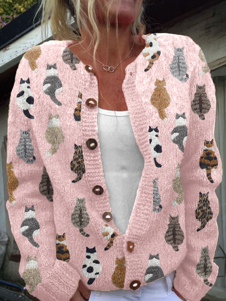 Solvara | Women's Cat Print Button-Front Cardigan