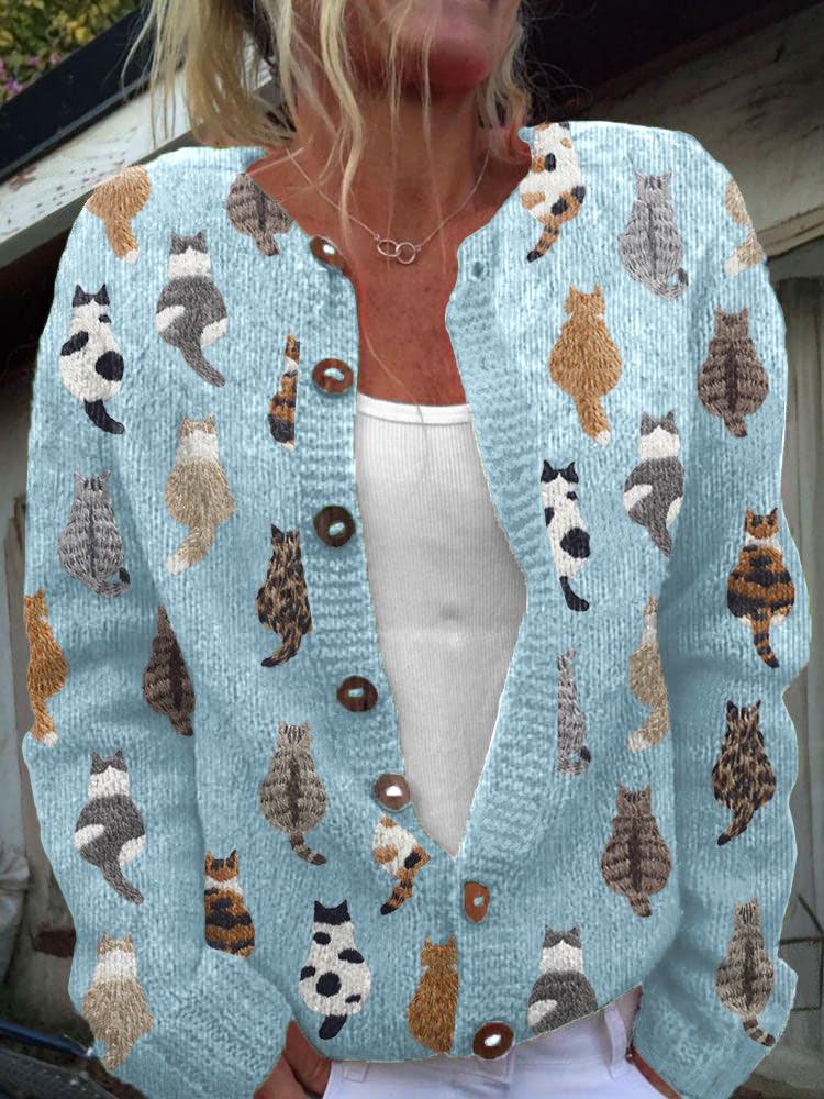 Solvara | Women's Cat Print Button-Front Cardigan
