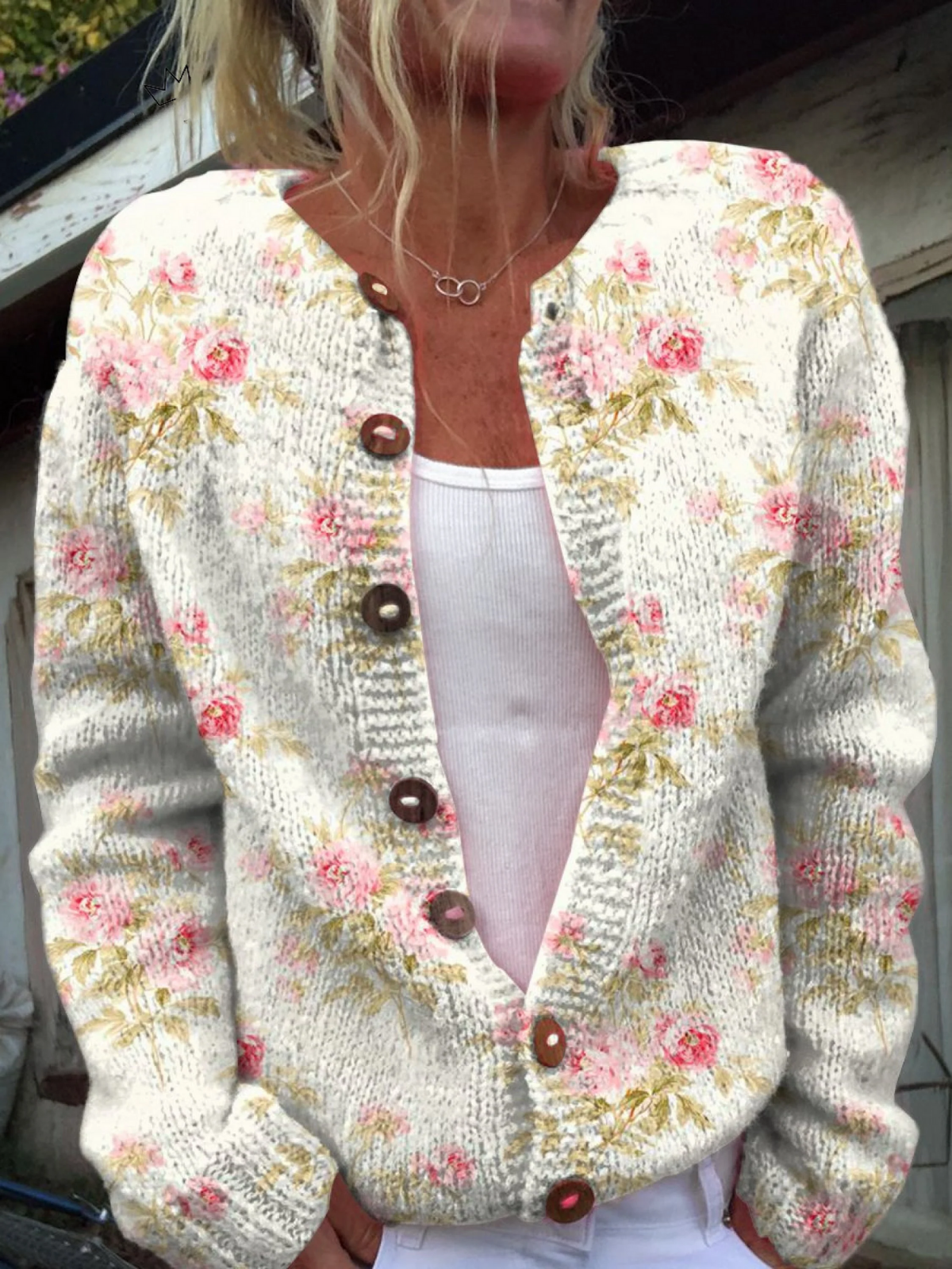 Solvira | Women's Floral Knit Button-Up Cardigan