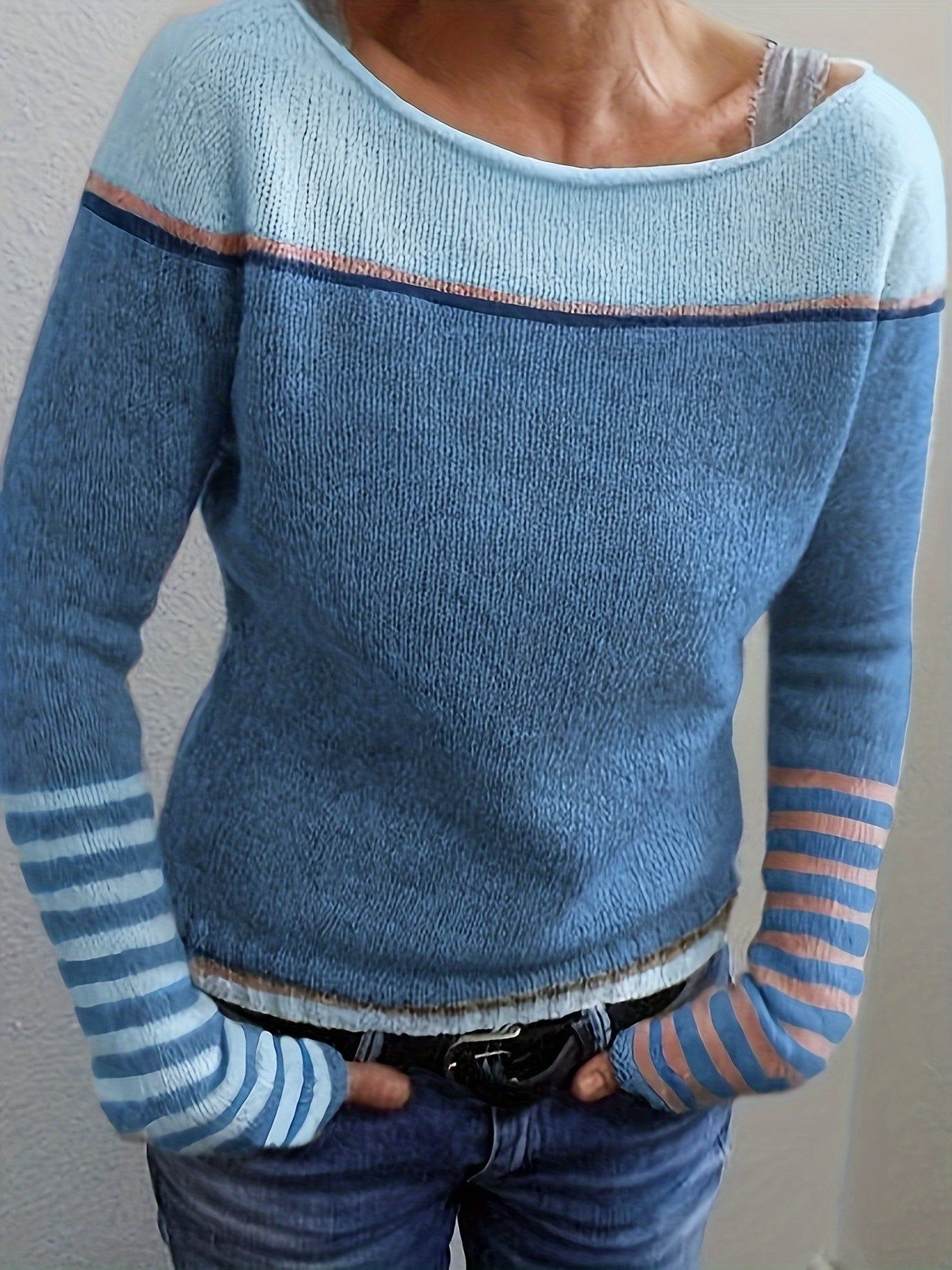 Tavitha | Women's Striped Boat Neck Knit Sweater