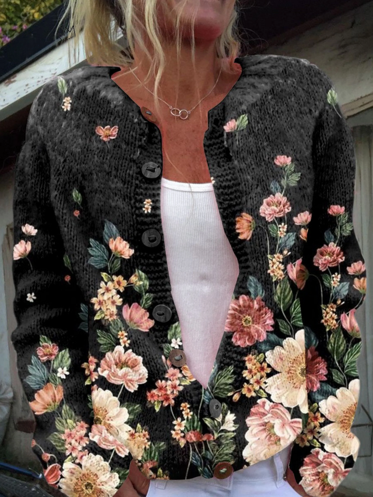 Thessaly | Women's Floral Print Button-Front Cardigan