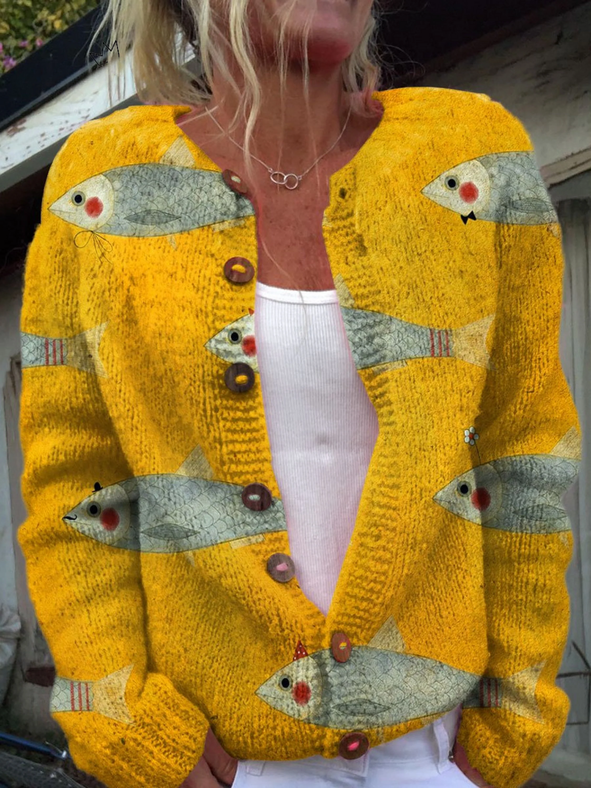 Tivaine | Women's Fish Print Cardigan Sweater