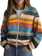 Trevena | Women's Striped Zip-Up Knit Cardigan