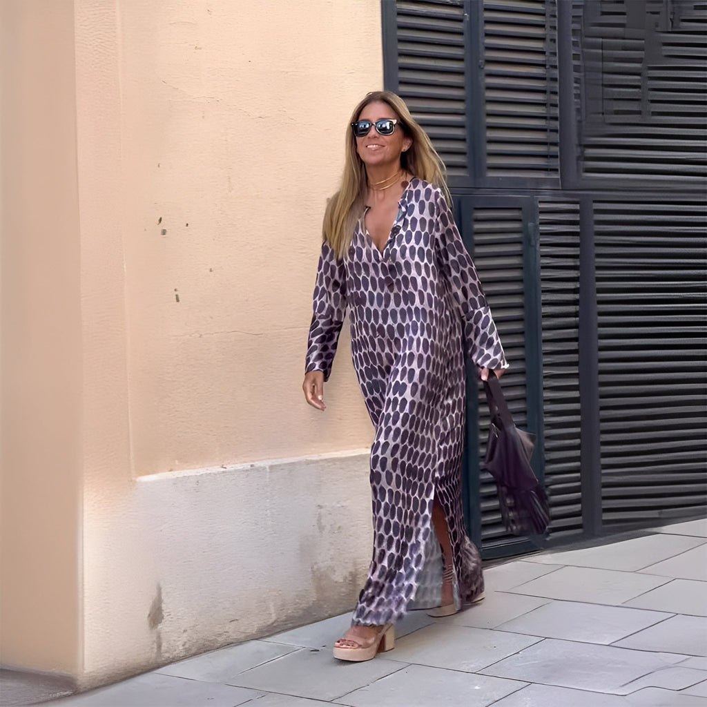 Women's Elegant Long Sleeve Printed Floral Maxi Dress
