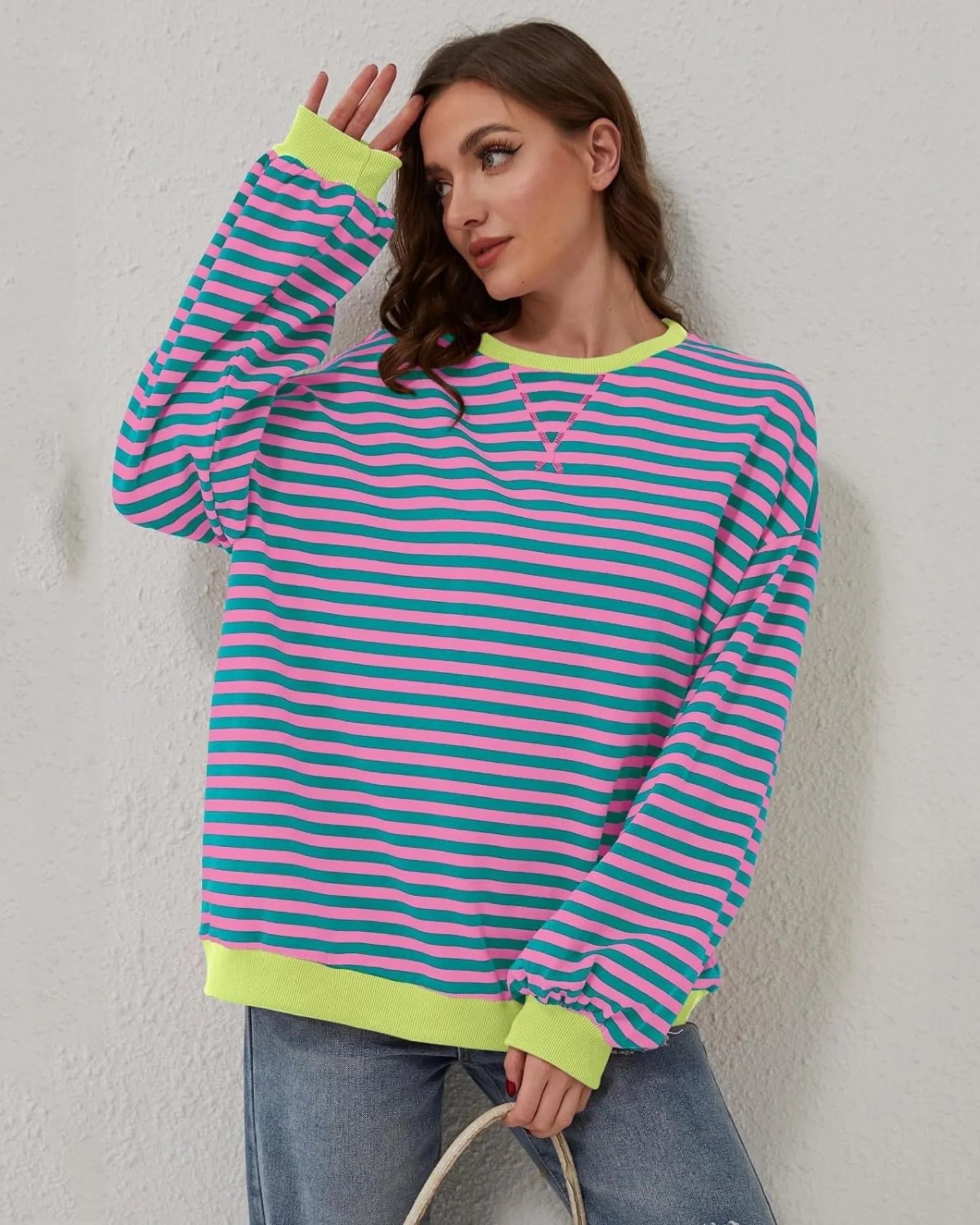 Women's Sweatshirt | Striped Oversized Crewneck Long Sleeve