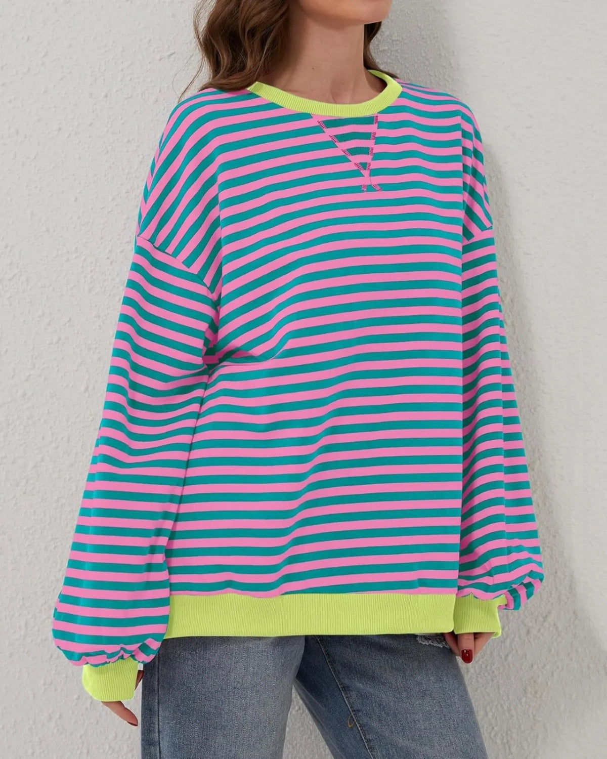 Women's Sweatshirt | Striped Oversized Crewneck Long Sleeve