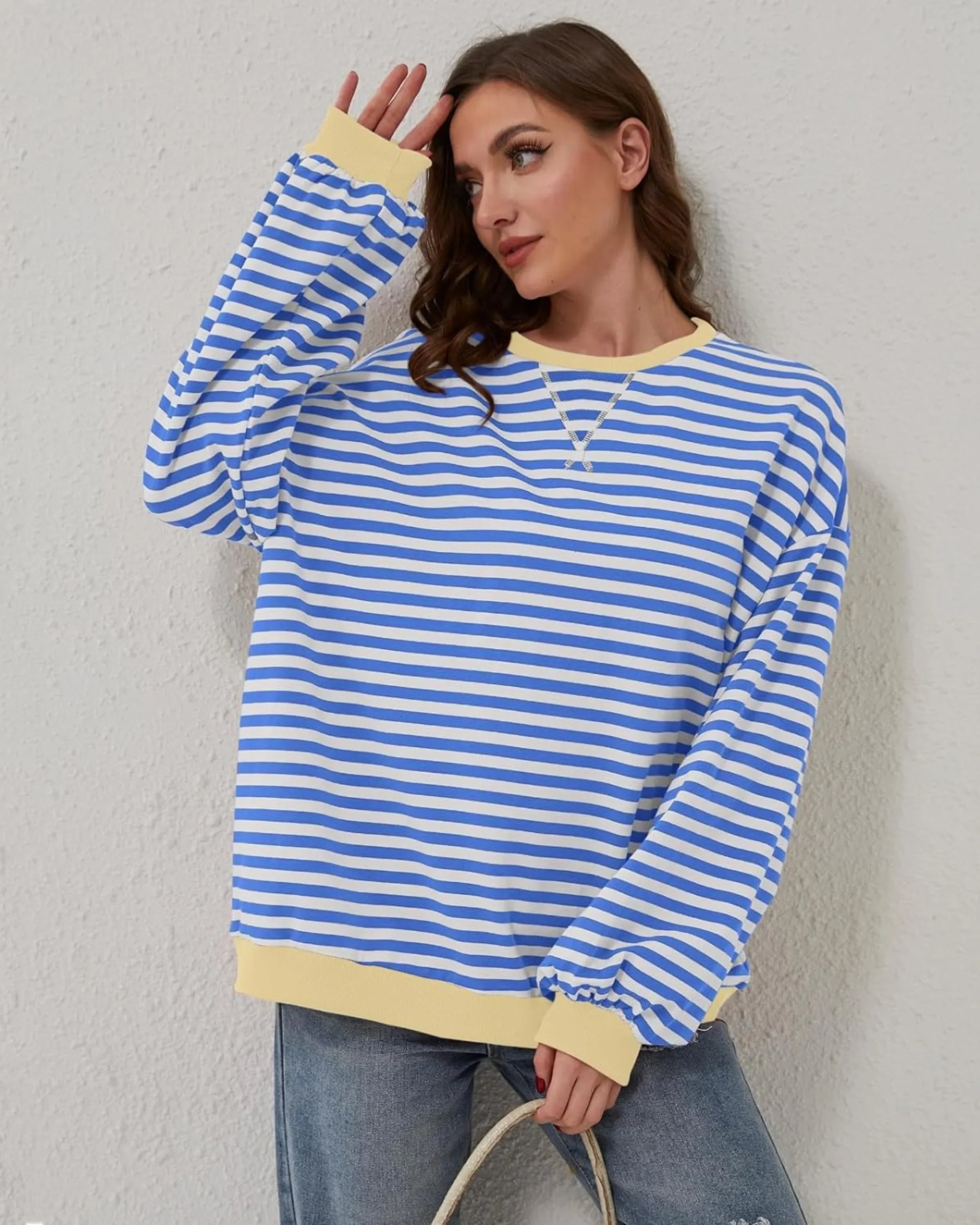 Women's Sweatshirt | Striped Oversized Crewneck Long Sleeve