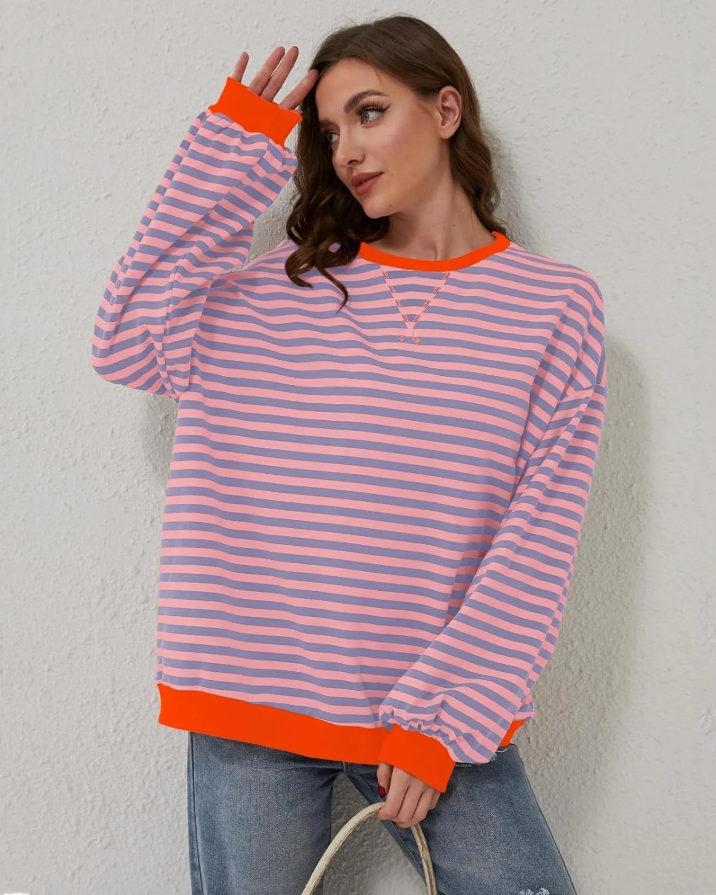 Women's Sweatshirt | Striped Oversized Crewneck Long Sleeve