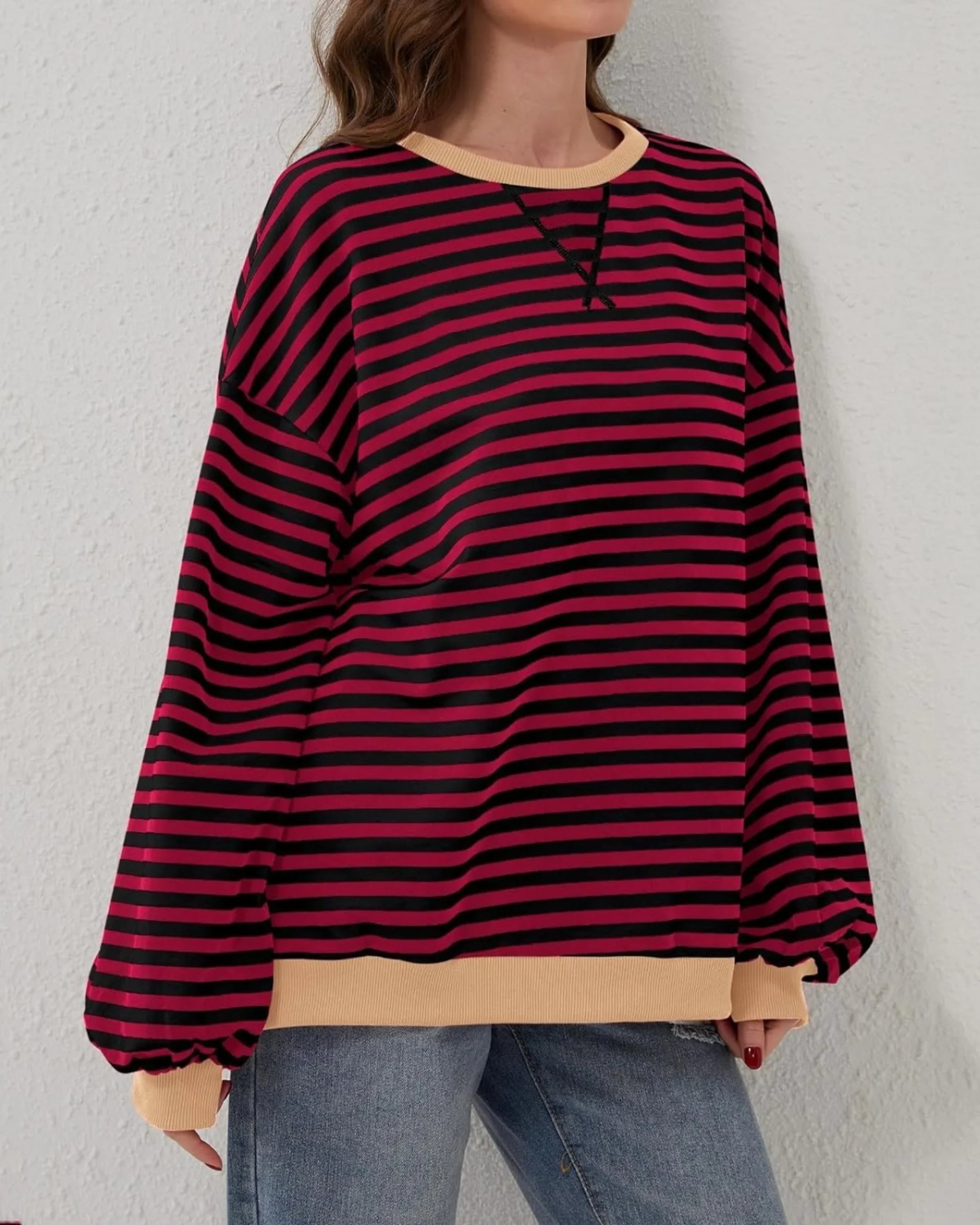 Women's Sweatshirt | Striped Oversized Crewneck Long Sleeve