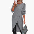 Women's Wrap Front Crew Neck Knit Midi Sweater Dress