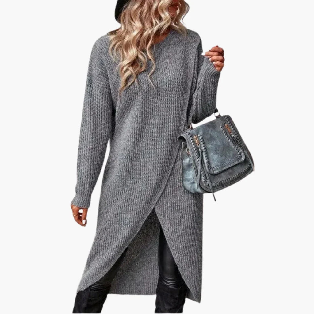 Women's Wrap Front Crew Neck Knit Midi Sweater Dress