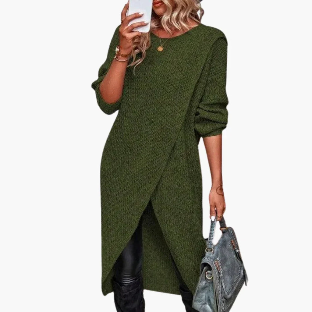 Women's Wrap Front Crew Neck Knit Midi Sweater Dress