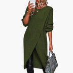 Women's Wrap Front Crew Neck Knit Midi Sweater Dress