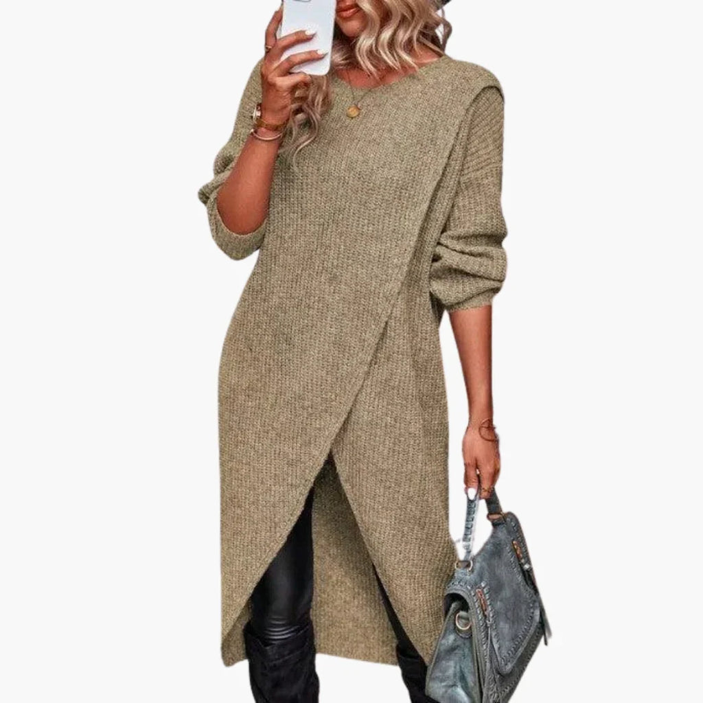 Women's Wrap Front Crew Neck Knit Midi Sweater Dress