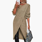 Women's Wrap Front Crew Neck Knit Midi Sweater Dress