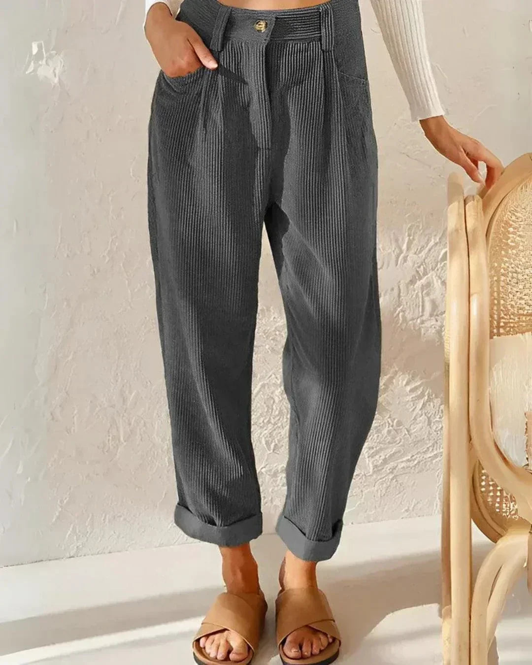 Women's Wide Leg Pants | Corduroy Pleated Belt-Free