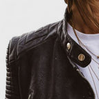 Women's Cropped Quilted Shoulder Vegan Leather Moto Jacket