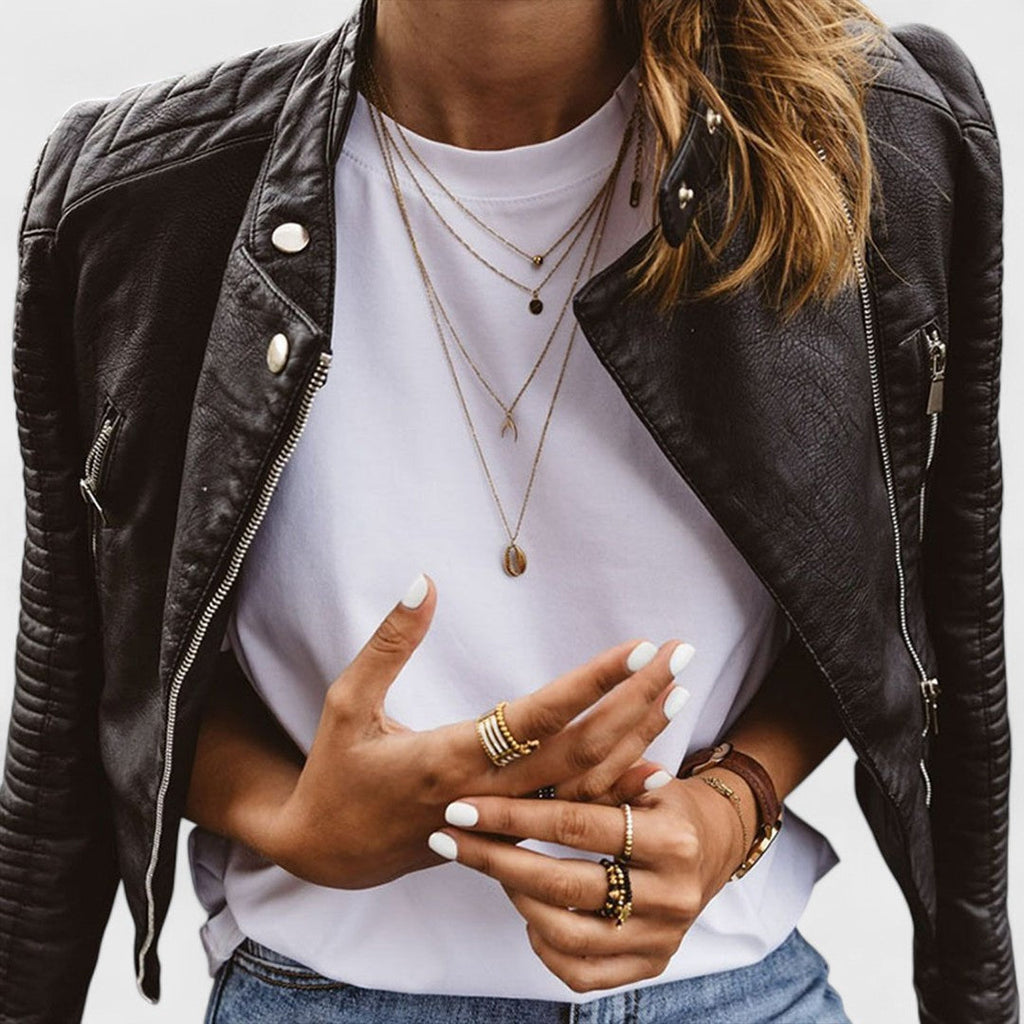 Women's Cropped Quilted Shoulder Vegan Leather Moto Jacket
