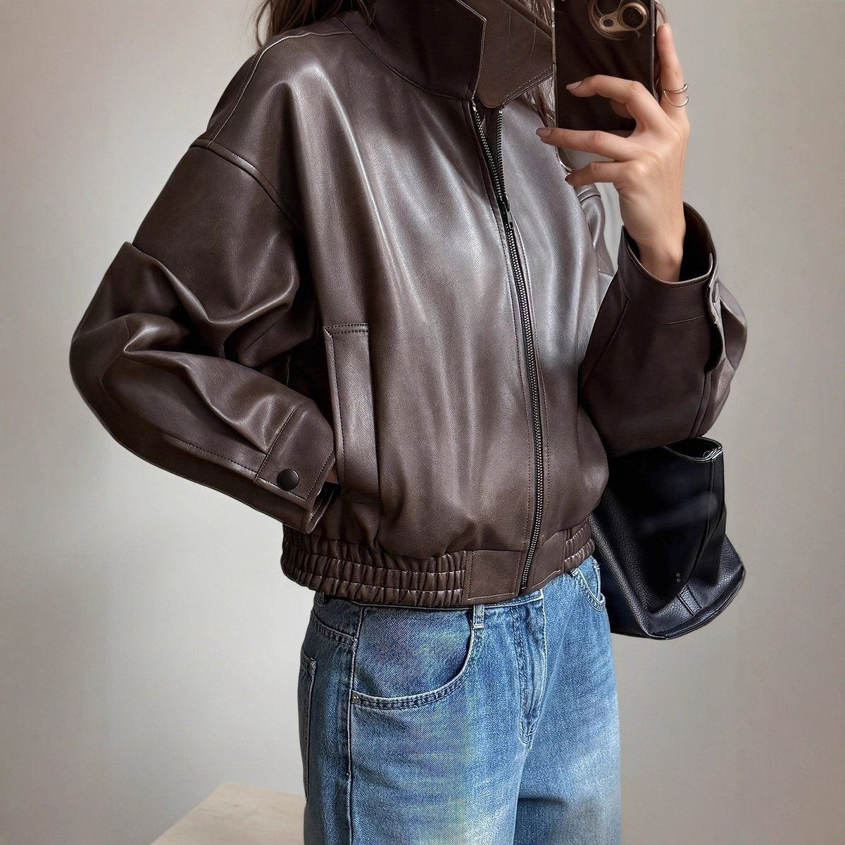 Women's Cropped Zip-Up Vegan Leather Bomber Jacket