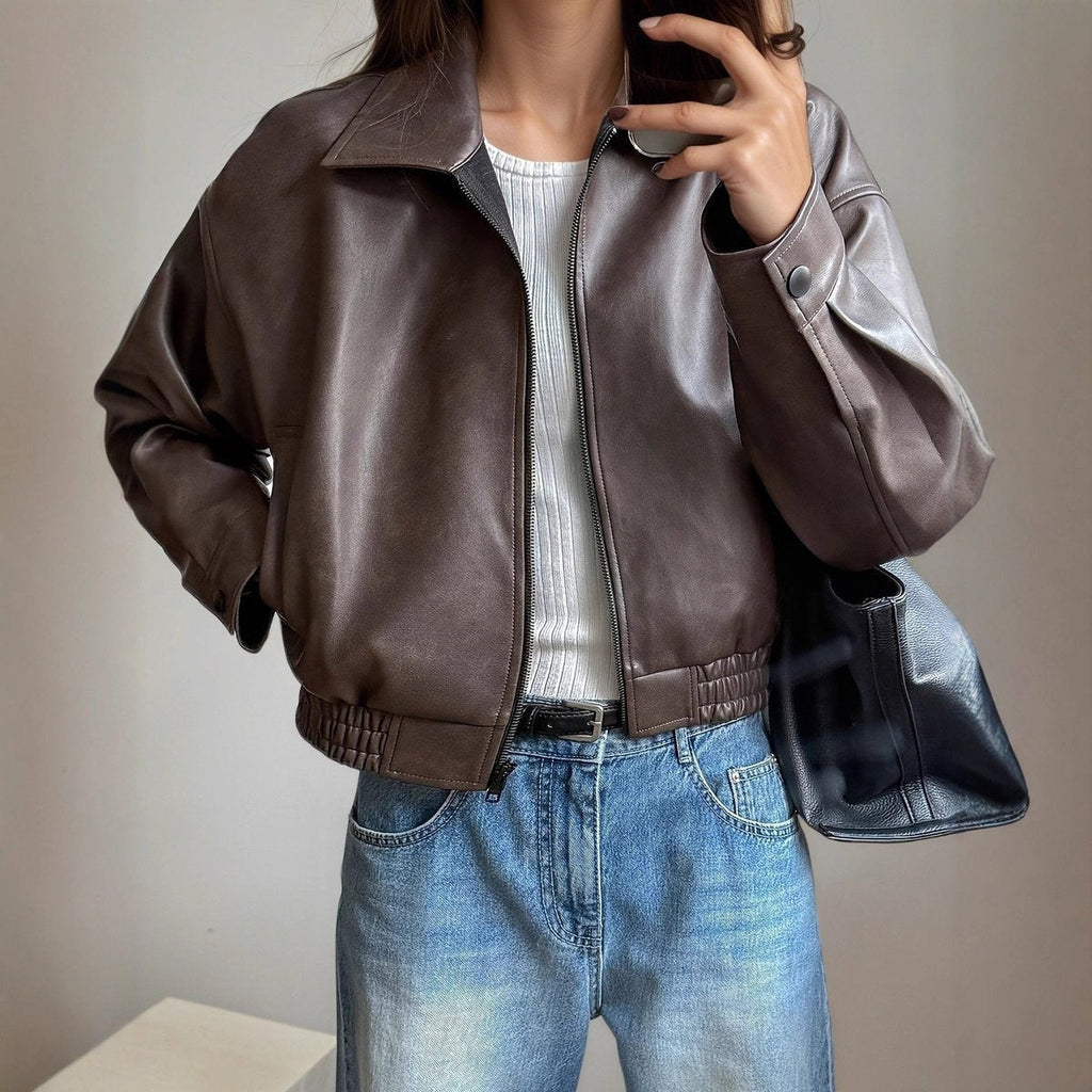 Women's Cropped Zip-Up Vegan Leather Bomber Jacket