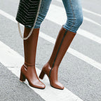 Women's Knee-High Block Heel Side-Zip Vegan Leather Boots