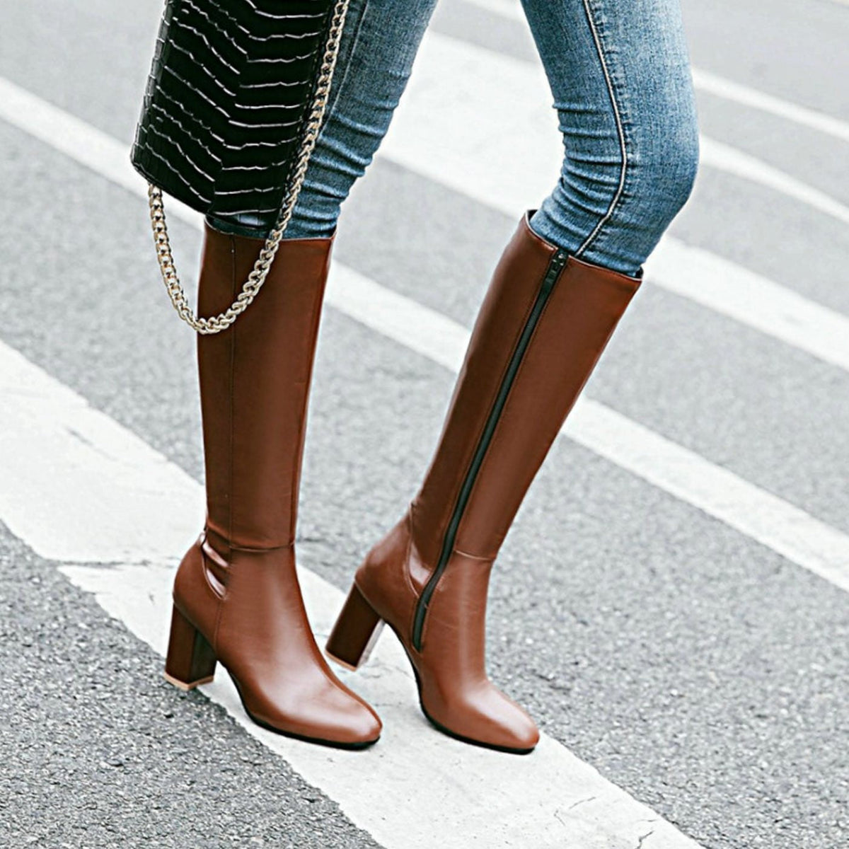 Women's Knee-High Block Heel Side-Zip Vegan Leather Boots