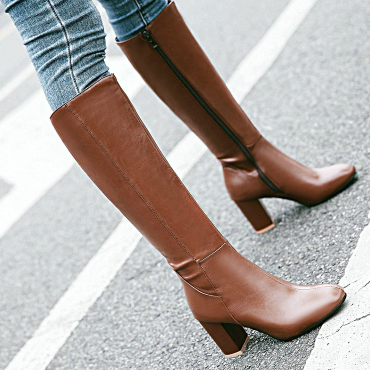 Women's Knee-High Block Heel Side-Zip Vegan Leather Boots