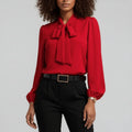 Women's Relaxed Fit Bow Tie Neck Long Sleeve Blouse